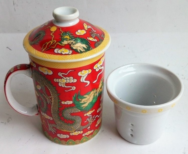 Кружка заварник для чая красная, ситечко, дракон, 13 см